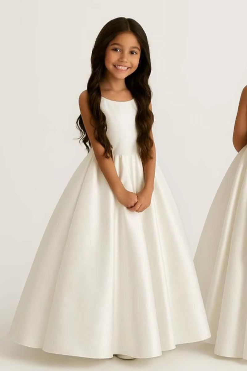 A-Line Scoop Neck Thin Strap Satin Gown Back Bow Flower Girl Dresses 1059110372999 - 7 Days / Ivory / 80cm - COCOMELODY